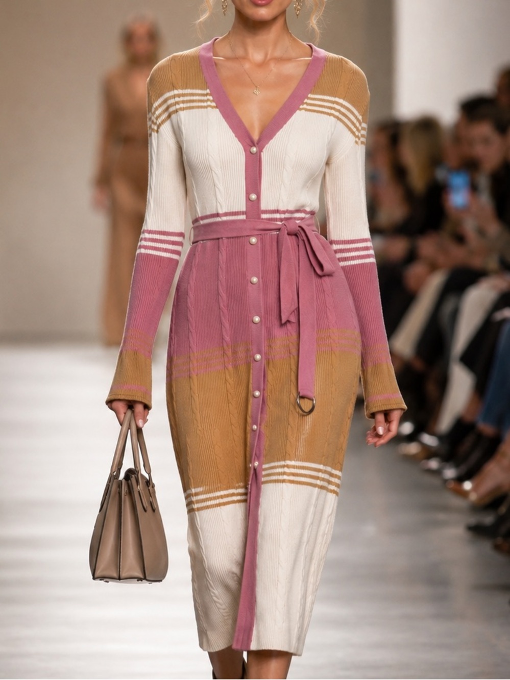 Ashley Stewart Pink, White & Tan Colorblock Button-Front Midi Dress